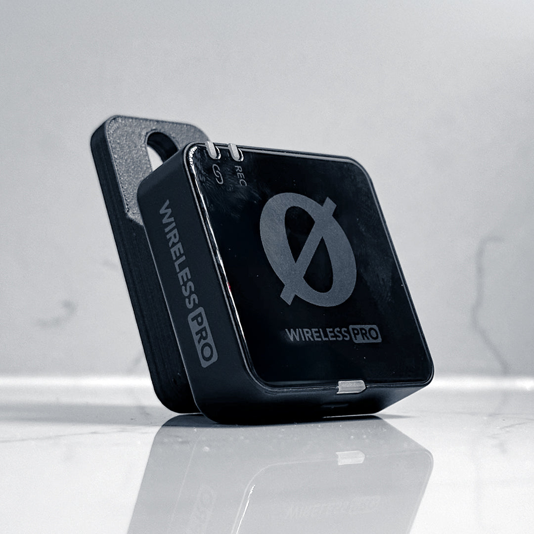 The MicDrop wireless mic mount securely attached to a Rode Wireless Pro, ready to capture high-quality exhaust audio without wind noise.